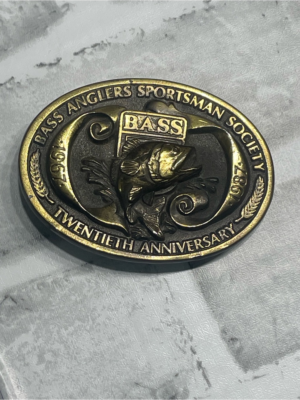 BASS Anglers Sportsman Society 20th Anniversary Brass Belt Buckle - 1987